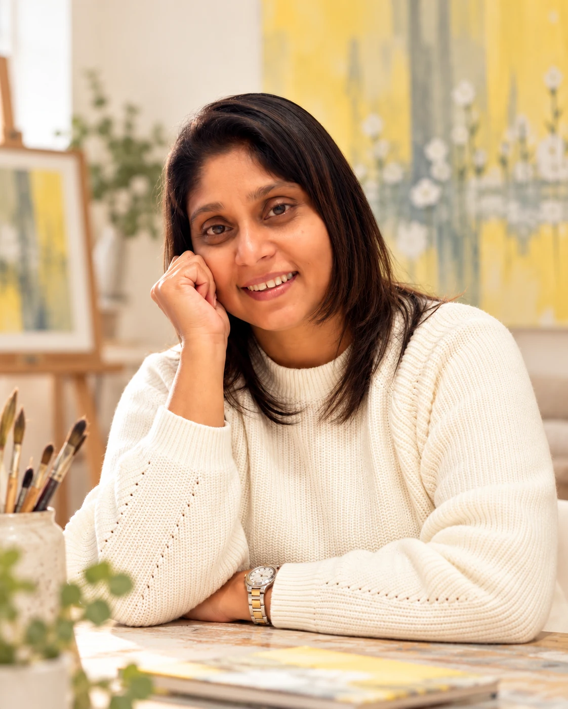 Anusha Wijesinghe seated in her studio