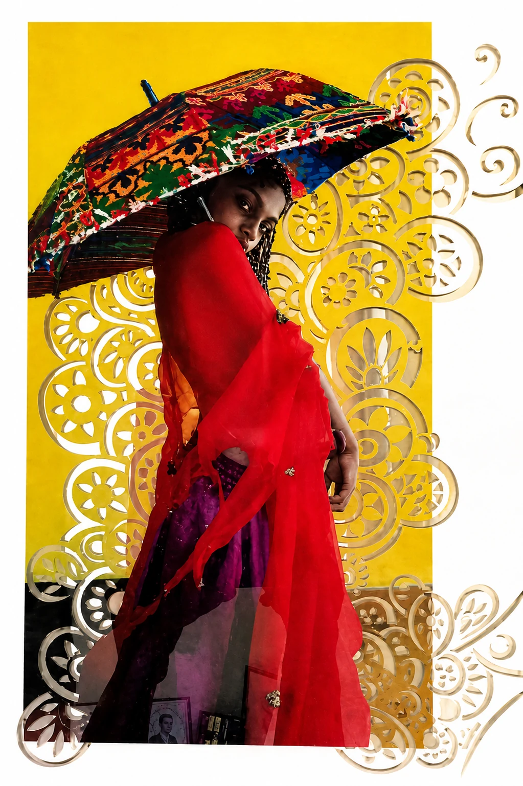 A figure in flowing red fabric beneath a colourful umbrella, surrounded by ornamental paper cuttings