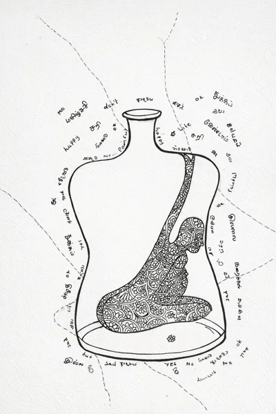 A patterned reclining woman enclosed in a bottle outline with surrounding handwritten text
