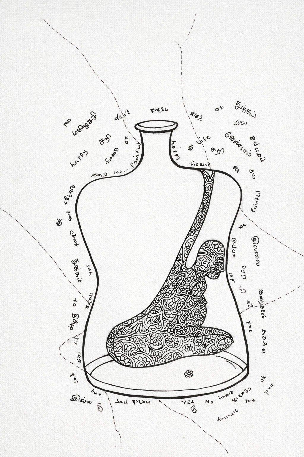 A patterned reclining woman enclosed in a bottle outline with surrounding handwritten text