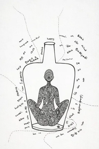 A seated frontal figure inside a bottle outline, surrounded by handwritten words