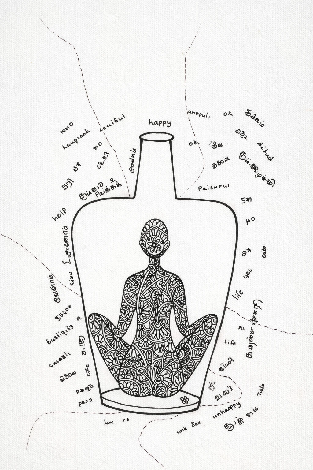 A seated frontal figure inside a bottle outline, surrounded by handwritten words