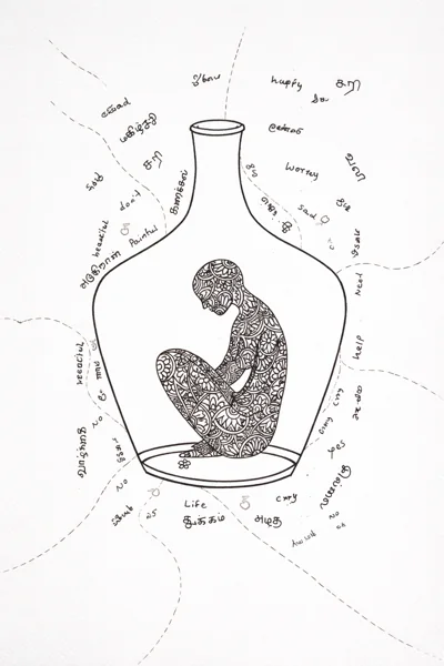 An inward-turning seated figure within a bottle, surrounded by words and dotted lines