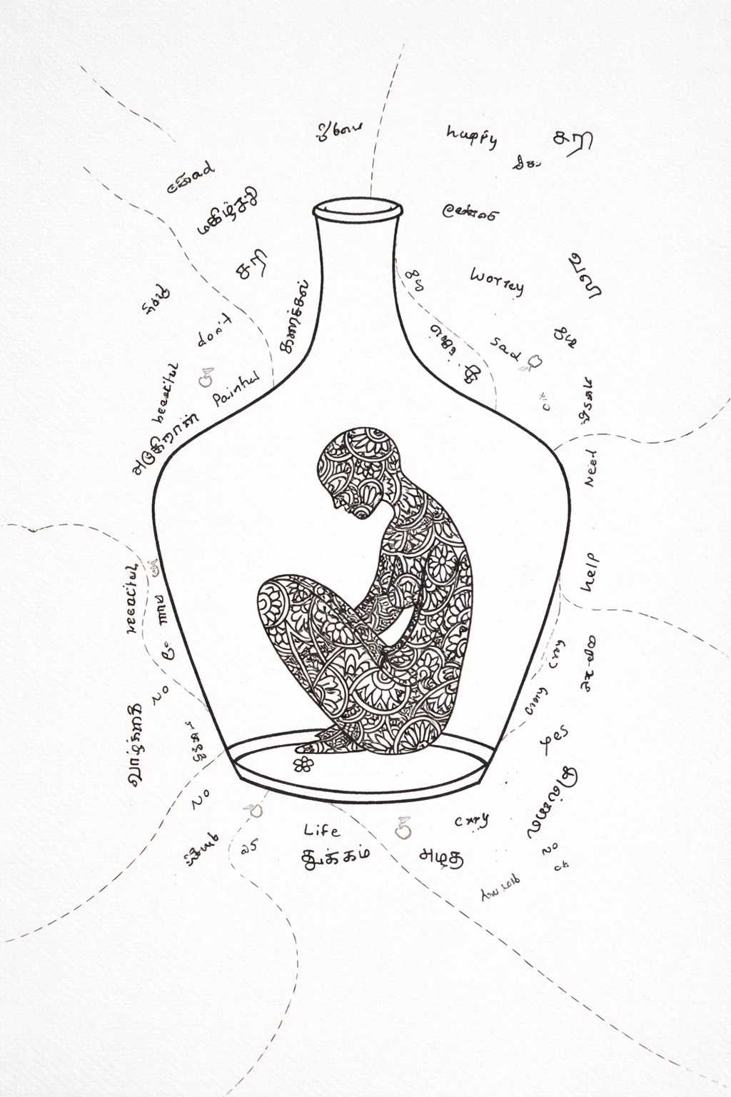 An inward-turning seated figure within a bottle, surrounded by words and dotted lines