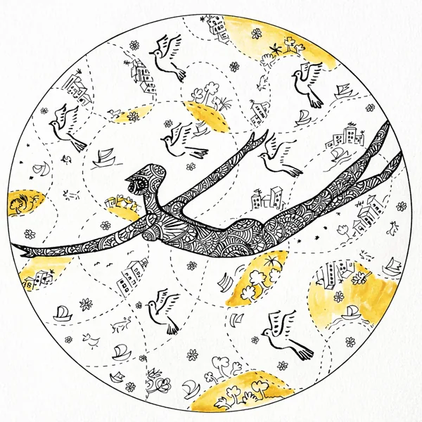 A patterned flying figure and doves within a circular field of small symbols