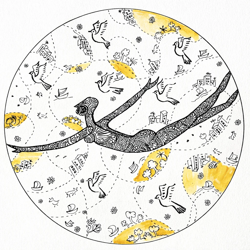A patterned flying figure and doves within a circular field of small symbols