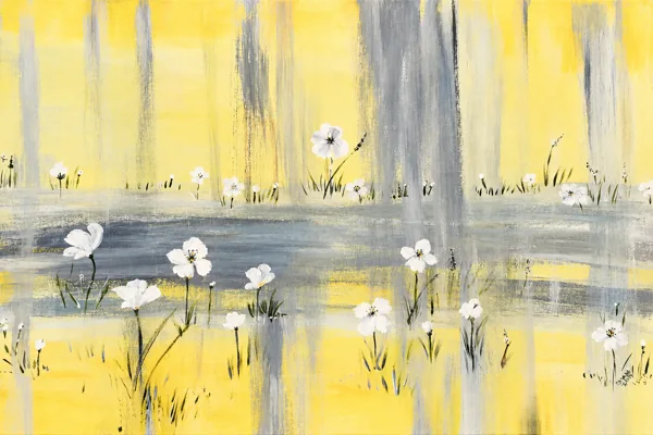 White flowers against soft yellow and grey washes