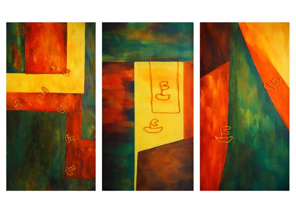 Three abstract red, gold and green panels arranged as a triptych