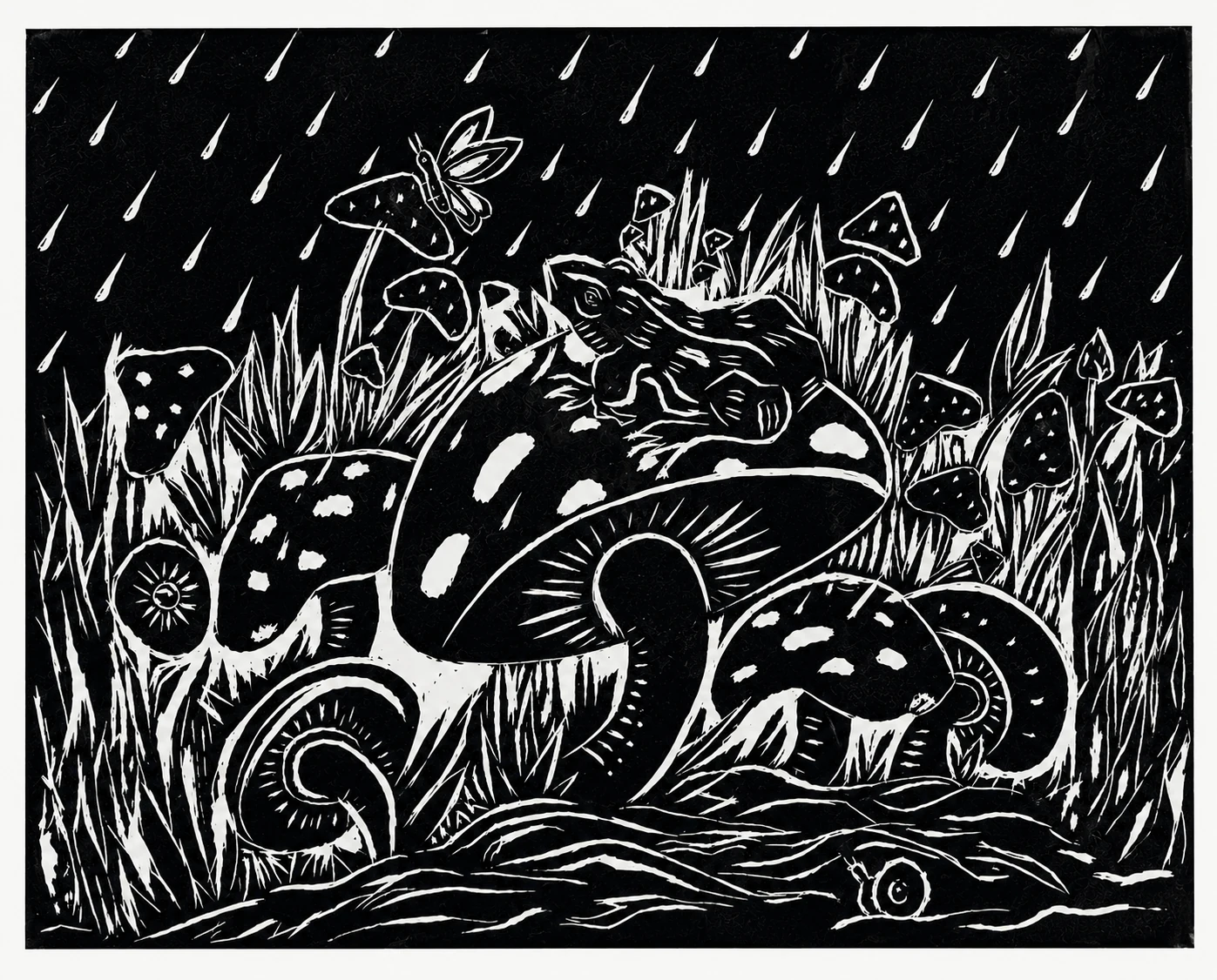 A black-and-white woodland scene of mushrooms, plants and small creatures beneath diagonal rain