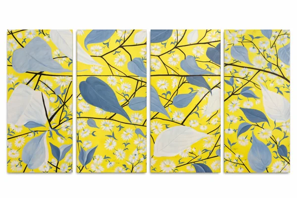 Four yellow canvases with white flowers, blue leaves and branching lines