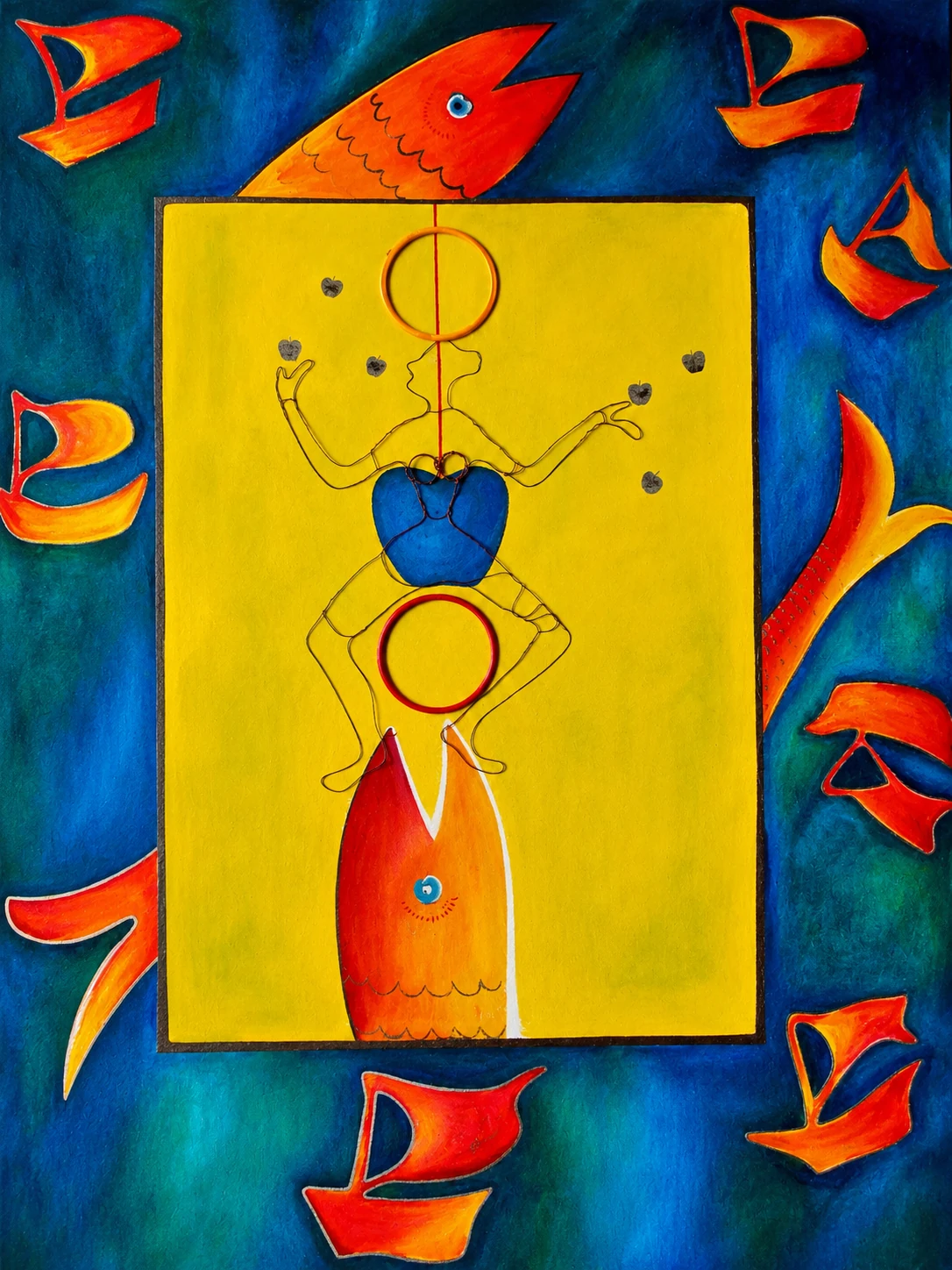 A suspended symbolic figure against a yellow field, surrounded by red boats and blue forms