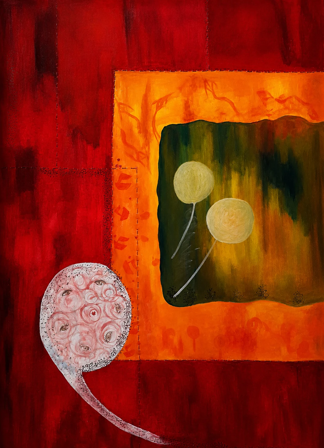 Layered red and orange forms surrounding organic symbols on a vertical canvas