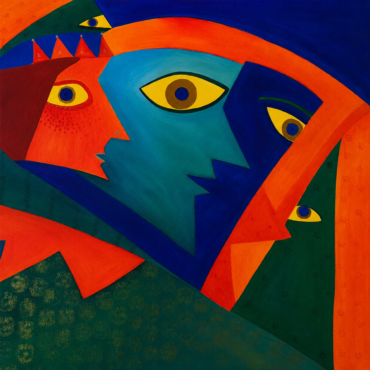 Fragmented faces and watchful eyes in vivid red, teal, blue and gold