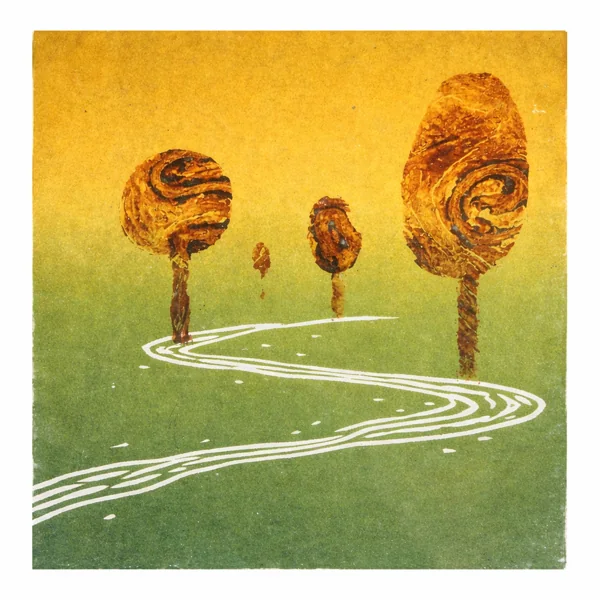 Abstract trees and a winding white path beneath a golden sky