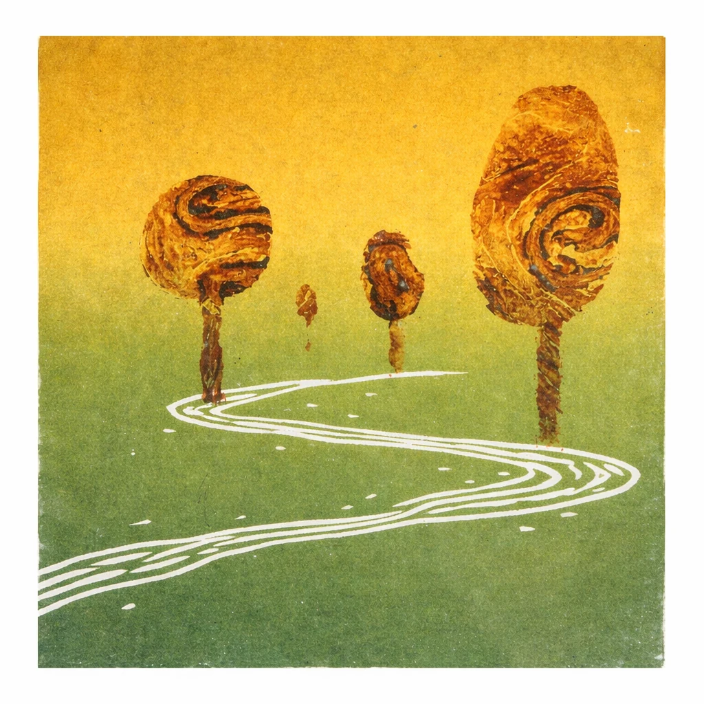 Abstract trees and a winding white path beneath a golden sky