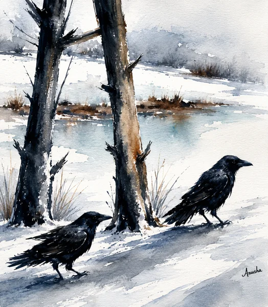 Two black crows among bare trees in a snowy landscape